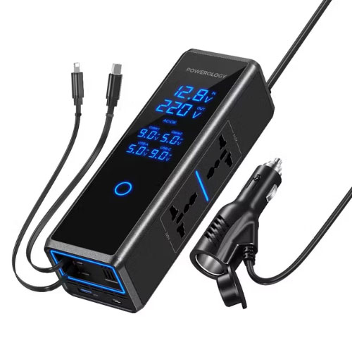 اینورتر 300 واتی با کابل متصل تایپ سی و لایتنینگ پاورولوژی مدل Powerology PWCPI300WBK 